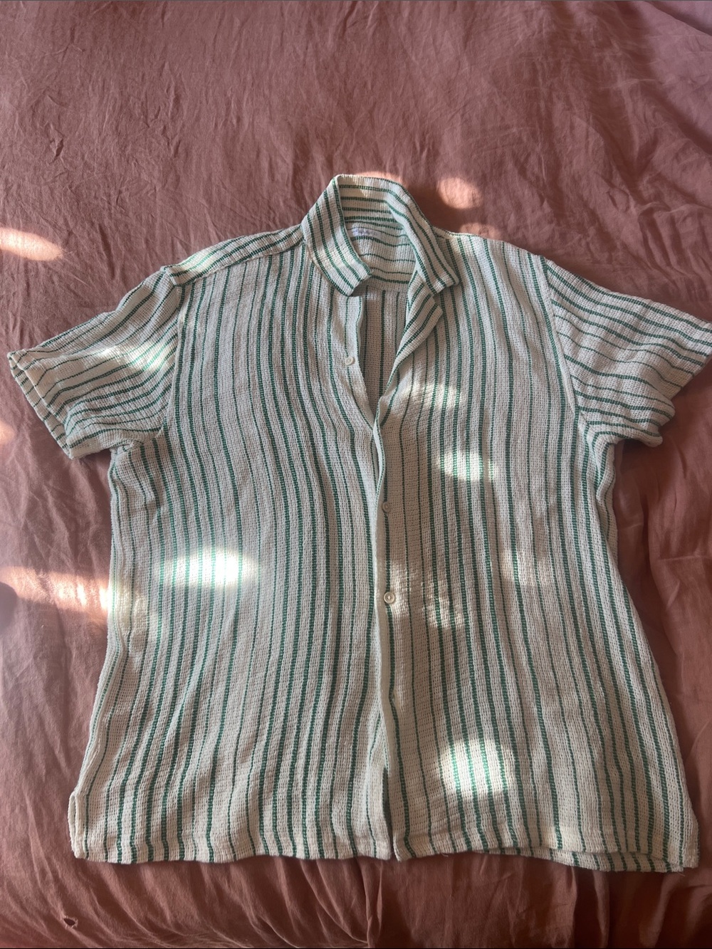 Zara Mesh Lightweight Striped Button-Up Shirt in Cream and Teal